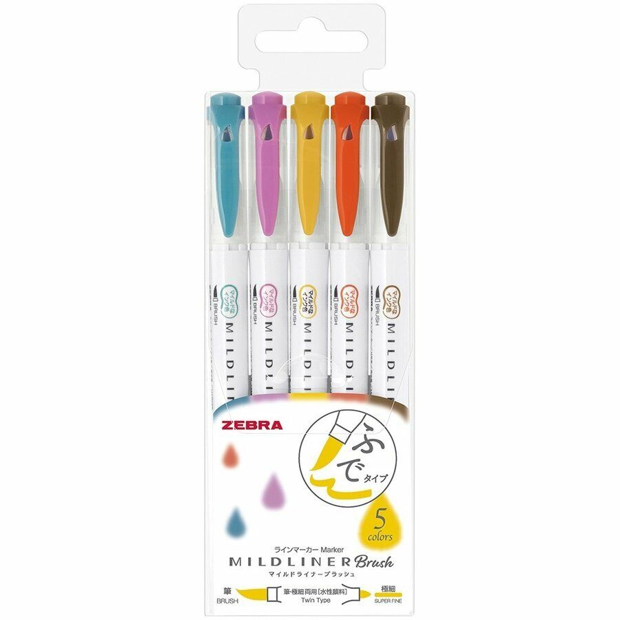 *UK Dispatch*  ZEBRA Mildliner Brush 5 Pens Marker Set WFT8-5C-RC