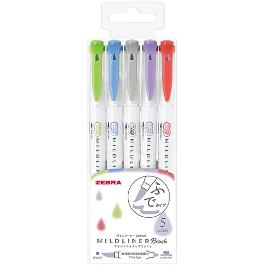 *UK Dispatch*  ZEBRA Mildliner Brush 5 Pens Marker Set WFT8-5C-NC